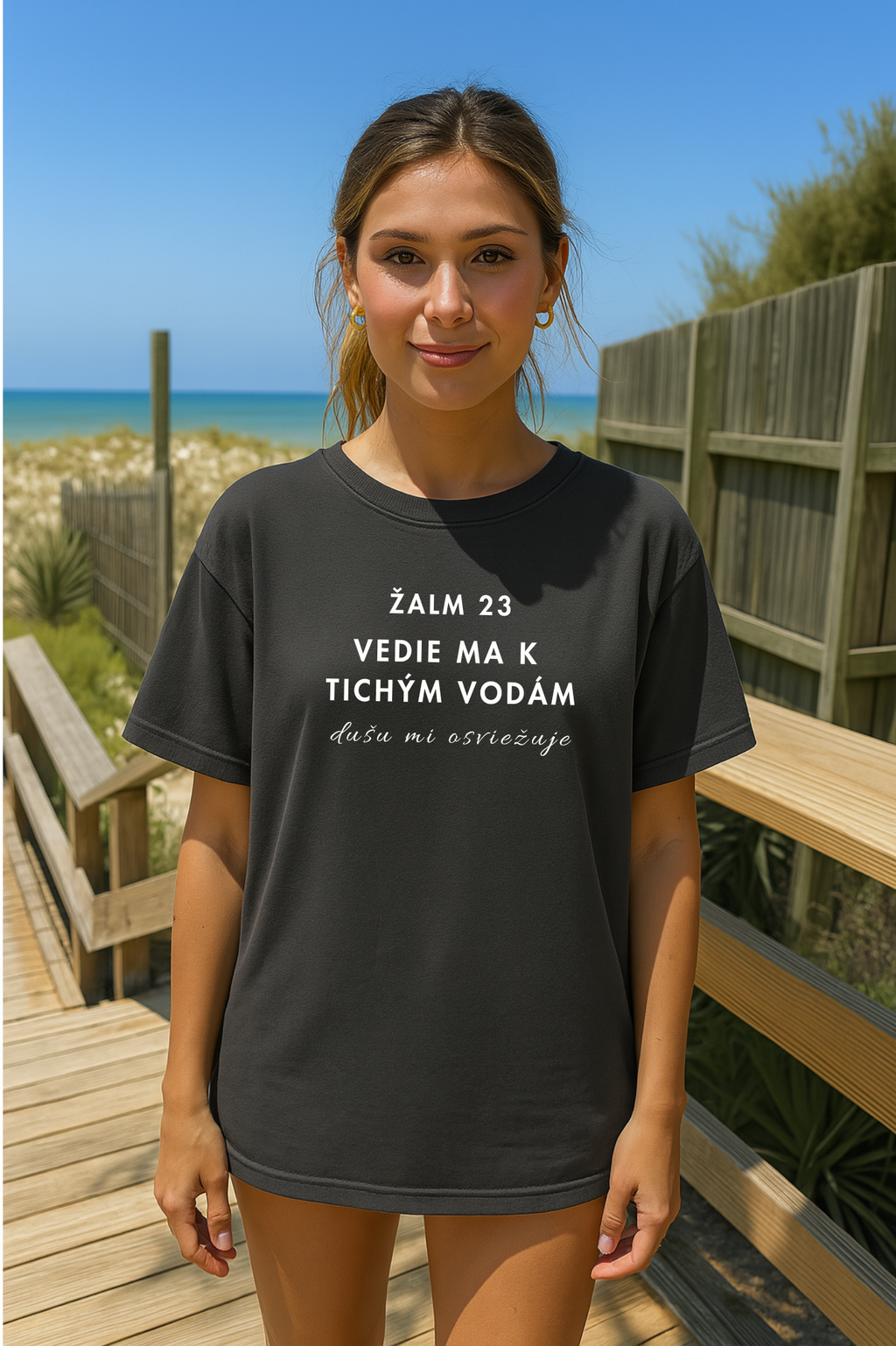 Kresťanské tričko - Žalm 23 - Vedie ma k tichým vodám, dušu mi osviežuje